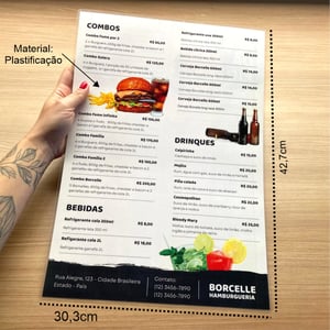 Cardápio A3 Plastificado 29,7cmx42cm - Folha Única
