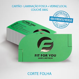 Cartão de Visita Laminação fosca + Verniz Local couchê 300g Impressão Frente e verso colorido 4x4