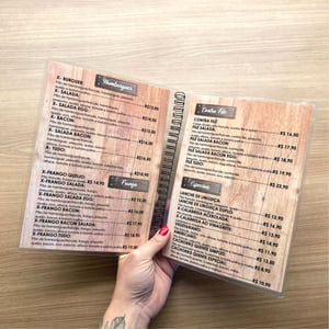 Cardápio A5 Plastificado Personalizado 13,8cmx20cm Encadernado