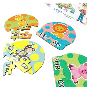 12 Kits Quebra Cabeça Educativo Silabas Animais em MDF