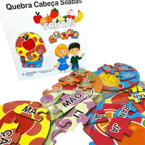 6 Kits Quebra Cabeça Educativo Sílabas Frutas em MDF