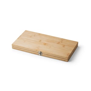 Kit churrasco em caixa bambu com 4 utensílios em aço inox e bambu