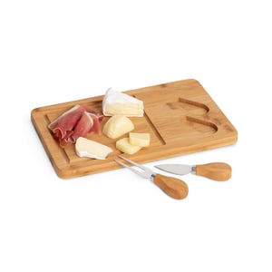 Tábua de queijos em bambu com 2 utensílios em bambu e aço inox