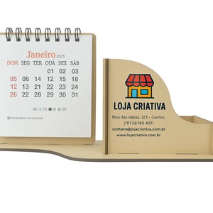 Calendário de Mesa Porta Caneta e Clip Personalizado em Madeira Mdf  22,6cm x 12cm x 8cm    