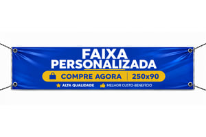 Faixa Personalizada 250x90cm Lona 440g 250cm x 90cm 4x0 Color  Bastões, ponteiras brancas e Ilhós 
