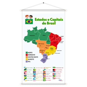 Banner Mapa do Brasil Estados e Capitais Educativo Pedagógico Escolar Didático 60x100cm Impressão Digital Lona 280g Lona 280g 60cm x 100cm    