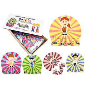 12 Kits Quebra Cabeça Educativo Aprendendo Silabas Profissões MDF MDF 14x26x5cm caixa de madeira    