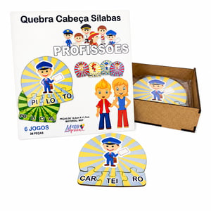 6 Kits Quebra Cabeça Educativo Sílabas Profissões em MDF MDF 16x16x5cm caixa de madeira    