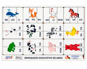Brinquedo Educativo Tabuleiro Quebra Cabeça Silabas Animais MDF MDF 29cm x 19cm    
