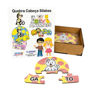6 Kits Quebra Cabeça Educativo Sílabas Animais em MDF MDF 16x16x5cm caixa de madeira    