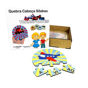 6 Kits Quebra Cabeça Educativo Sílabas Transporte em MDF MDF 16x16x5cm caixa de madeira    