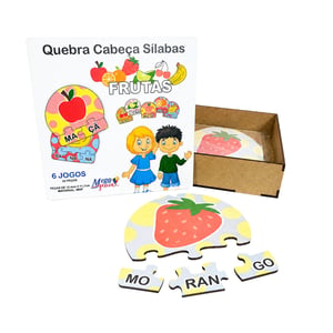 6 Kits Quebra Cabeça Educativo Sílabas Frutas em MDF MDF 16x16x5cm caixa de madeira    