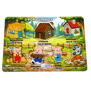 Brinquedo Educativo Tabuleiro Encaixe Os Três Porquinhos Mdf MDF 27cm x 19cm    