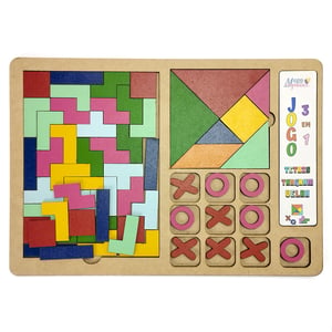 Brinquedo Educativo Tabuleiro 3 em 1 Tetris, Tangram e jogo da velha MDF     