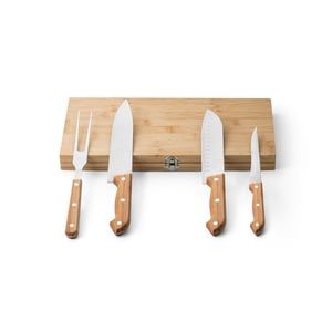 Kit churrasco em caixa bambu com 4 utensílios em aço inox e bambu Aço inox e Bambu 350 x 179 x 29 mm    