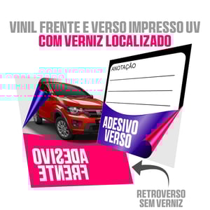 Adesivo vinil frente e verso impresso UV com verniz localizado frente • Vinil adesivo • Metro² personalizado • Impressão frente e retroverso digital UV com tinta branca  • Material com verniz localizado frente 