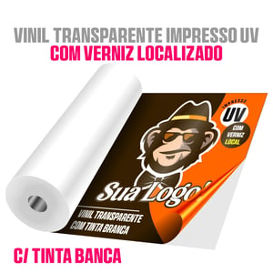 Adesivo vinil transparente impresso UV com tinta branca e verniz localizado • Vinil transparente adesivo • Metro² personalizado • Impressão digital UV • Tinta branca • Material com verniz localizado frente 