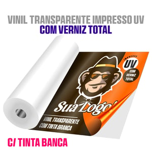 Adesivo vinil transparente impresso UV com tinta branca e verniz total • Vinil transparente adesivo • Metro² personalizado • Impressão digital UV • Tinta branca • Material com verniz total frente 