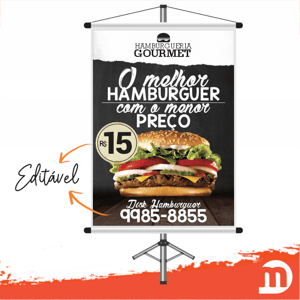 Banner Comercial HAMBURGUER Lona Brilho 440gr 70x100cm 4x0  Refile + bastão de madeira + ponteiras + cordão Arte Final Pronta