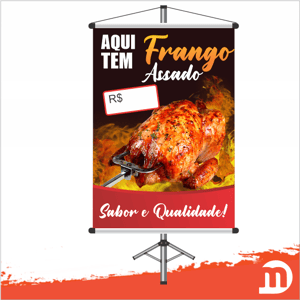 Banner Comercial FRANGO ASSADO Lona Brilho 440gr 70x100cm 4x0  Refile + bastão de madeira + ponteiras + cordão Arte Final Pronta