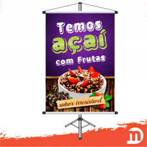 Banner Comercial AÇAÍ COM FRUTAS Lona Brilho 440gr 70x100cm 4x0  Refile + bastão de madeira + ponteiras + cordão Arte Final Pronta