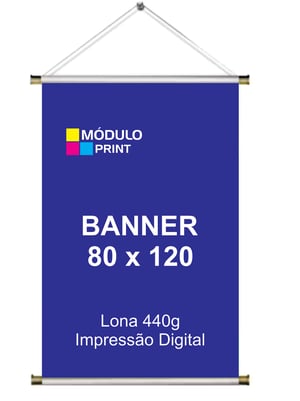 Banner 80x120 cm Personalizado Lona 440g 80Lx120Hcm 4x0 Brilho Bastão de madeira, ponteiras e cordão para pendurar 
