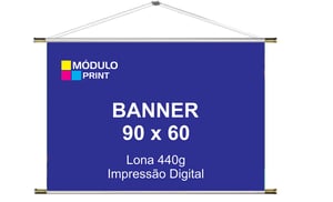 Banner 90x60 cm Personalizado Lona 440g 90Lx60H cm 4x0 Brilho Bastão de madeira, ponteiras e cordão para pendurar 