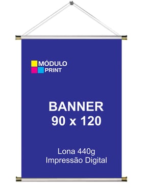 Banner 90x120 cm Personalizado Lona 440g 90Lx120Hcm 4x0 Brilho Bastão de madeira, ponteiras e cordão para pendurar 