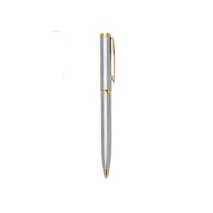Caneta Metal Brilho - Ref. 918 Caneta de metal esferográfica prata, com detalhes em dourado. Com anel dourado no meio da caneta e acionamento por giro. Tamanho aproximado: 13,5 cm x 1,5 cm LASER   