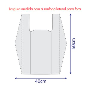 SACOLA PLÁSTICA ALÇA CAMISETA 40CM X 50CM Polietileno (PE), Alta Densidade (fosca), Espessura: 6 micras 40cm x 50cm - Contabilizado com a alça Impressão somente frente, personalizados em uma cor Sem revestimento Tamanho máximo da arte 16cm x 20cm A impressão pode variar em até 15% da tonalidade de sua logo, pois cada tela de celular ou monitor tem uma calibragem diferente. Assim como pode haver diferença de tonalidade de um produto para outro.