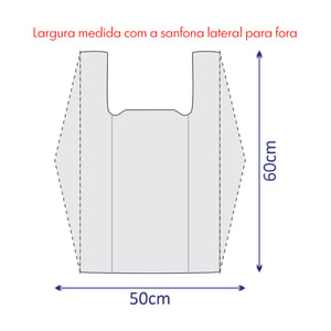 SACOLA PLÁSTICA ALÇA CAMISETA 50CM X 60CM Polietileno (PE), Alta Densidade (fosca), Espessura: 6 micras 50cm x 60cm - Contabilizado com a alça Impressão somente frente, personalizados em uma cor Sem revestimento Tamanho máximo da arte 20cm x 25cm A impressão pode variar em até 15% da tonalidade de sua logo, pois cada tela de celular ou monitor tem uma calibragem diferente. Assim como pode haver diferença de tonalidade de um produto para outro.