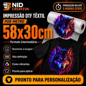 Impressão DTF têxtil 58x30cm - pronta para aplicação! Film Pet 58x30cm Colorido Tinta Têxtil Corte Reto 