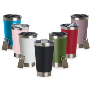 Copo Térmico 500ml com Abridor Copo térmico 320ml de parede dupla em inox livre de BPA, contém tampa com bocal e trava de segurança. Altura :  17,1 cm - Largura :  9,1 cm - Circunferência :  29,3 cm Diversas cores Liso Personalizado Medidas aproximadas para gravação (CxL):  12 cm x 6 cm