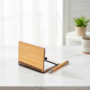 Caderno Ecológico com Caneta Contém aproximadamente 50 folhas brancas com pauta. 14 x 11,5cm  Caderno com capa dura feita em bambu, encadernação Wire-O com elastico 
