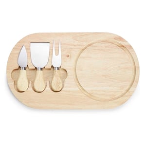 Kit Queijo 4 Peças 03222B  Kit queijo 4 peças, contém: tábua de madeira com canaleta, faca com ponta, garfo e espátula. Tábua com imã para encaixe e fixação dos utensílios.    