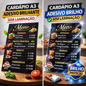 CARDÁPIO PVC 2MM ADESIVADO TAMANHO A3 - 4X4