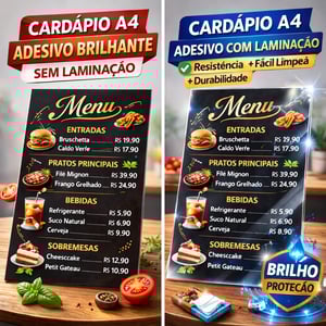 CARDÁPIO PVC 2MM ADESIVADO - TAMANHO A4 - 4X4