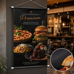Banner Personalizado em Lona – Sob Medida e Alta Resolução Lona Frontlight 440g para Banner Personalizado Vertical ou Horizontal 4x0 – Impressão colorida em alta resolução, somente frente Sem revestimento Bastão Superior e Inferior com Cordinha e Ponteiras Brancas Banner produzido sob medida conforme a necessidade do cliente