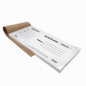 Rifas 14x5cm – Apergaminhado 75g – 1x0 Papel apergaminhado 75g 14x5cm 1x0 (preto frente)  Picote, blocagem e grampo Numeração inclusa