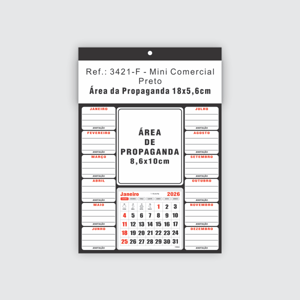 Calendário Mini Comercial Econômico (Anotação) de Parede com Furo Ref.: 3421-F Base Duplex 250g | Bloco 12 Meses Papel 56g 18x26 Preto   