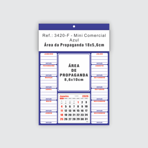Calendário Mini Comercial Econômico (Anotação) de Parede com Furo Ref.: 3420-F Base Duplex 250g | Bloco 12 Meses Papel 56g 18x26 Azul   