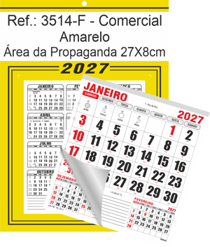 Calendário Comercial de Parede com Furo Ref.: 3514-F Base Duplex 250g | Bloco 12 Meses Papel 56g 27x37cm Amarelo   