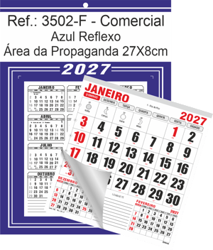 Calendário Comercial de Parede com Furo Ref.: 3502-F Base Duplex 250g | Bloco 12 Meses Papel 56g 27x37cm Azul Reflexo   