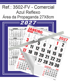 Calendário Comercial de Parede com ou sem Vareta Ref.: 3502-FV Base Duplex 250g | Bloco 12 Meses Papel 56g 27x37cm Azul Reflexo   