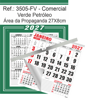 Calendário Comercial de Parede com ou sem Vareta Ref.: 3505-FV Base Duplex 250g | Bloco 12 Meses Papel 56g 27x37cm Verde Petróleo   