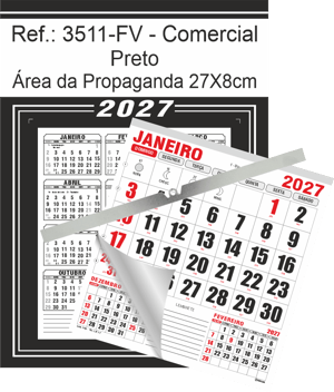 Calendário Comercial de Parede com ou sem Vareta Ref.: 3511-FV Base Duplex 250g | Bloco 12 Meses Papel 56g 27x37cm Preto   