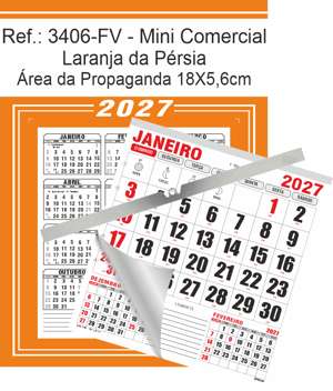 Calendário Mini Comercial de Parede com ou sem  Vareta Ref.: 3406-FV Base Duplex 250g | Bloco 12 Meses Papel 56g 18x26 Laranja da Pérsia   