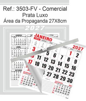 Calendário Comercial de Parede com ou sem Vareta Ref.: 3503-FV Base Duplex 250g | Bloco 12 Meses Papel 56g 27x37cm Prata Luxo   