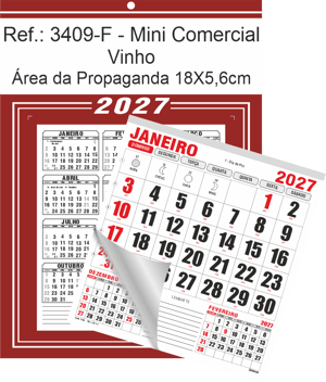 Calendário Mini Comercial de Parede com Furo Ref.: 3409-F Base Duplex 250g | Bloco 12 Meses Papel 56g 18x26 Vinho   