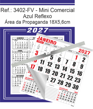 Calendário Mini Comercial de Parede com ou sem Vareta Ref.: 3402-FV Base Duplex 250g | Bloco 12 Meses Papel 56g 18x26 Azul Reflexo   